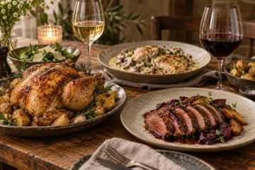Poulet rôti, volaille à la crème et canard servis avec vin blanc et rouge