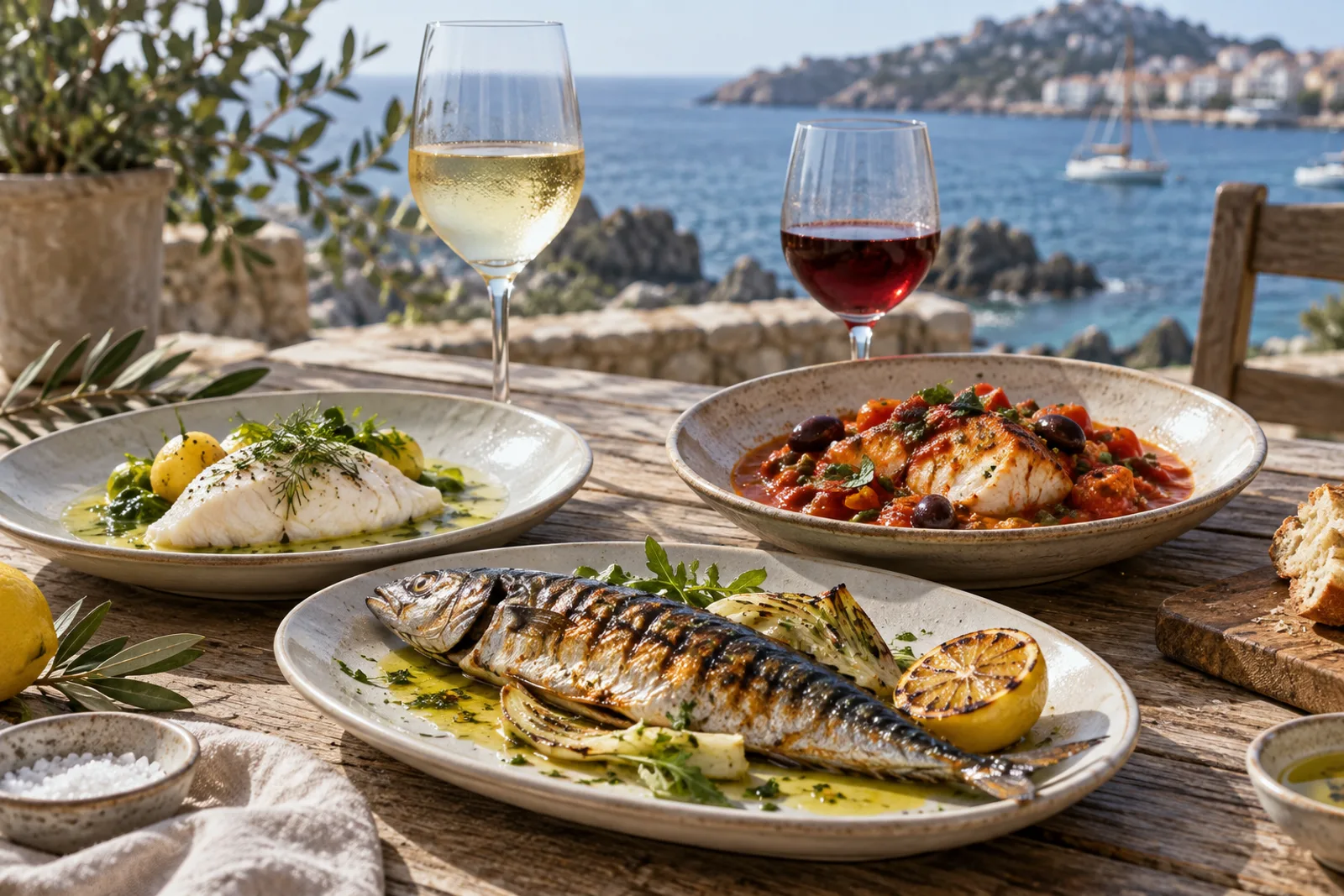 Poisson poché, poisson grillé et poisson en sauce tomate avec deux vins