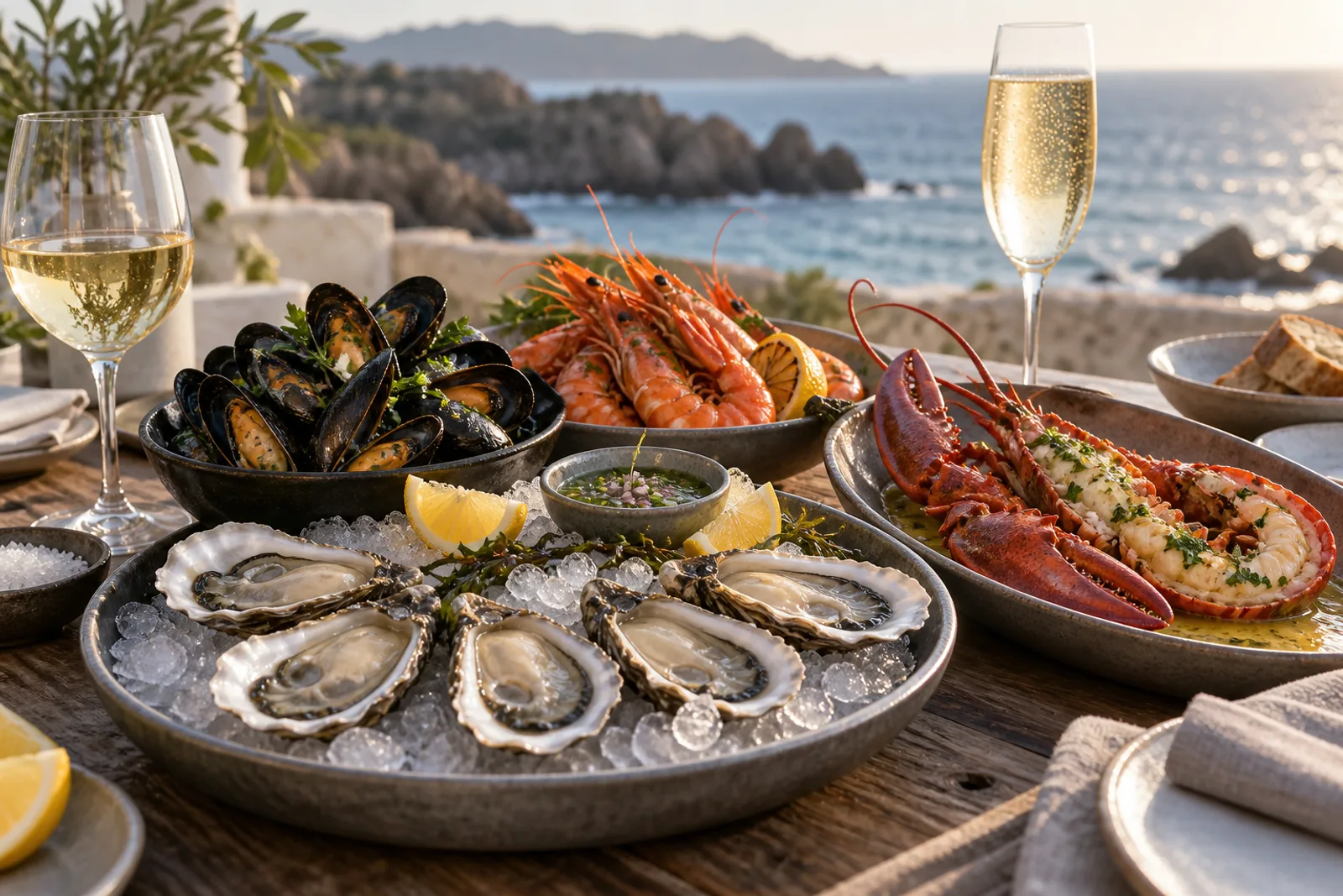 Huîtres, moules, crevettes et homard servis avec vin blanc et effervescent