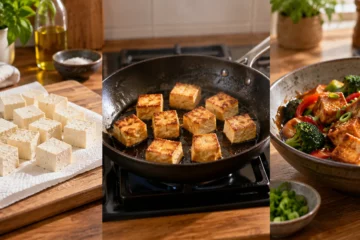 Cubes de tofu à différents stades de cuisson montrant surface pâle, dorée et trop sèche