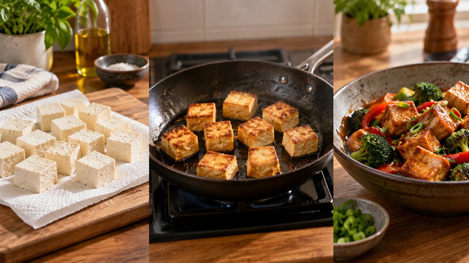 Cubes de tofu à différents stades de cuisson montrant surface pâle, dorée et trop sèche
