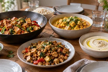 Quatre utilisations du tofu dans des bols, une sauce crémeuse et une garniture émiettée