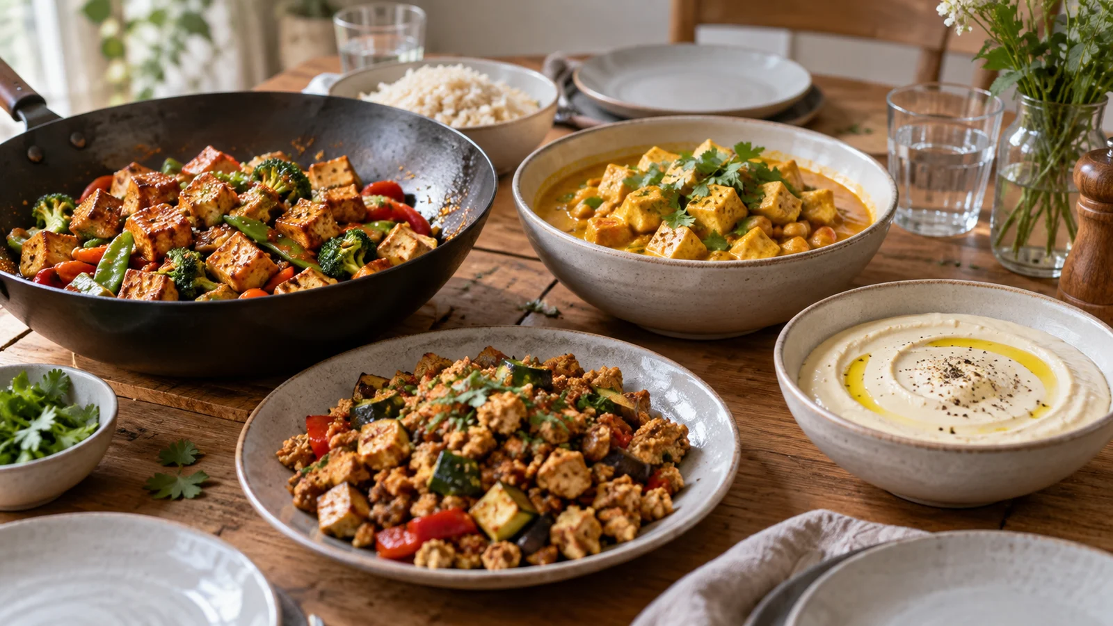 Quatre utilisations du tofu dans des bols, une sauce crémeuse et une garniture émiettée
