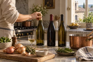 Choix de bouteilles de vin pour cuisiner près d'une casserole et d'aromates