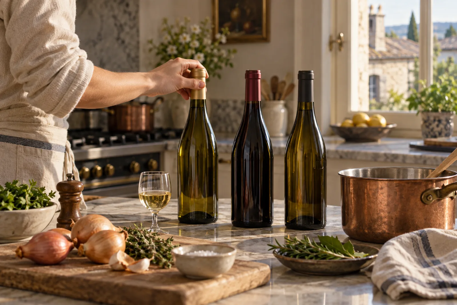 Choix de bouteilles de vin pour cuisiner près d'une casserole et d'aromates