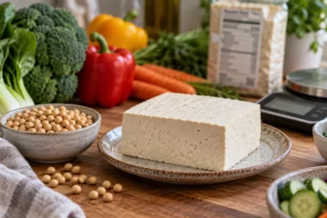 Bloc de tofu nature avec étiquette nutritionnelle, graines de soja et balance visuelle avantages limites