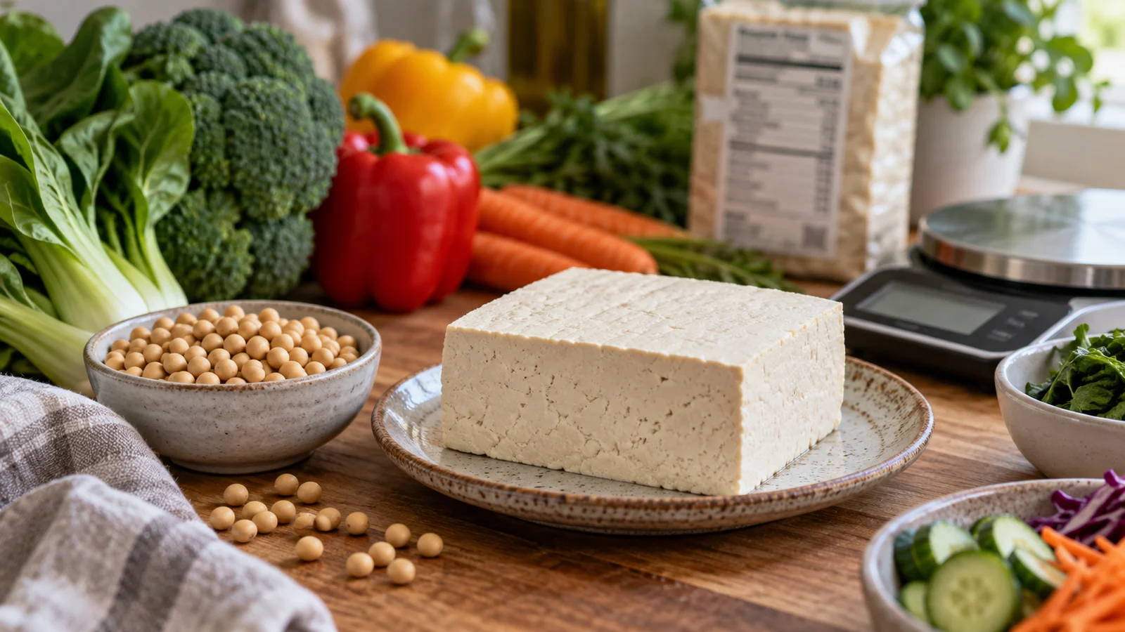 Bloc de tofu nature avec étiquette nutritionnelle, graines de soja et balance visuelle avantages limites