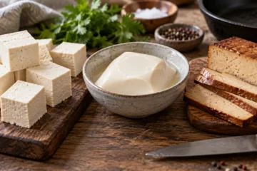 Tofu ferme en cubes, tofu soyeux en coupelle et tranches de tofu fumé comparés