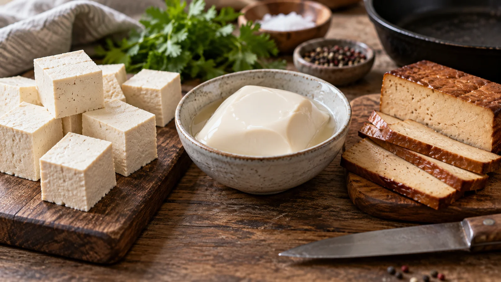 Tofu ferme en cubes, tofu soyeux en coupelle et tranches de tofu fumé comparés
