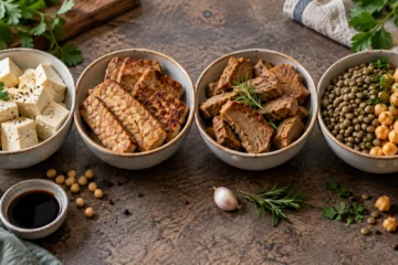 Tofu, tempeh, seitan et légumineuses disposés dans quatre bols comparatifs