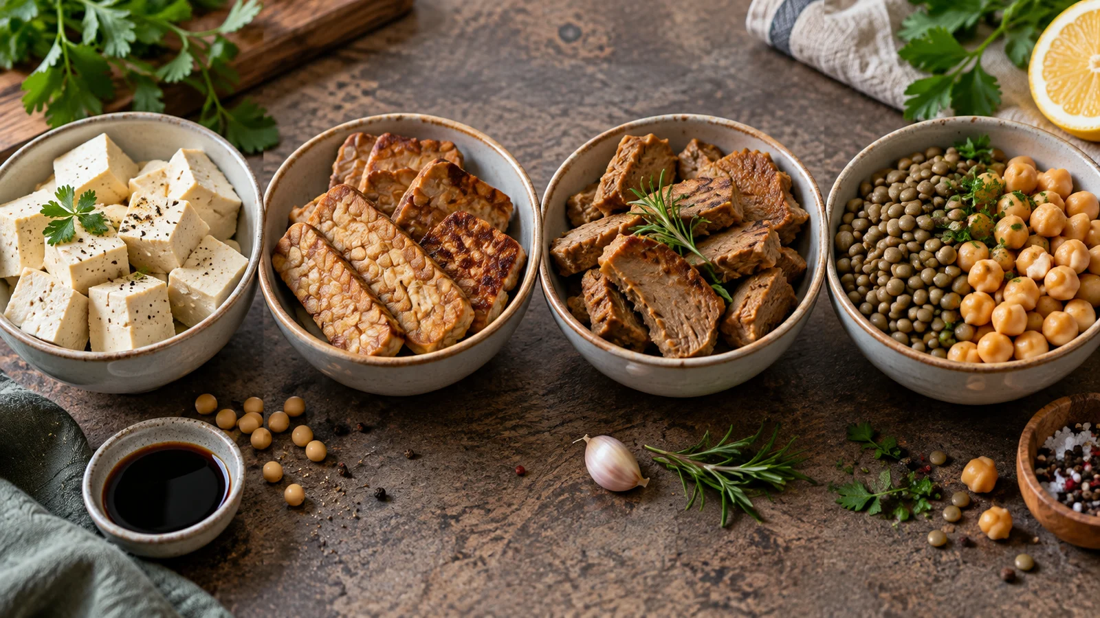 Tofu, tempeh, seitan et légumineuses disposés dans quatre bols comparatifs