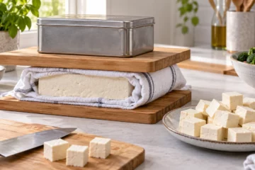 Bloc de tofu ferme pressé doucement entre deux assiettes avec un torchon propre