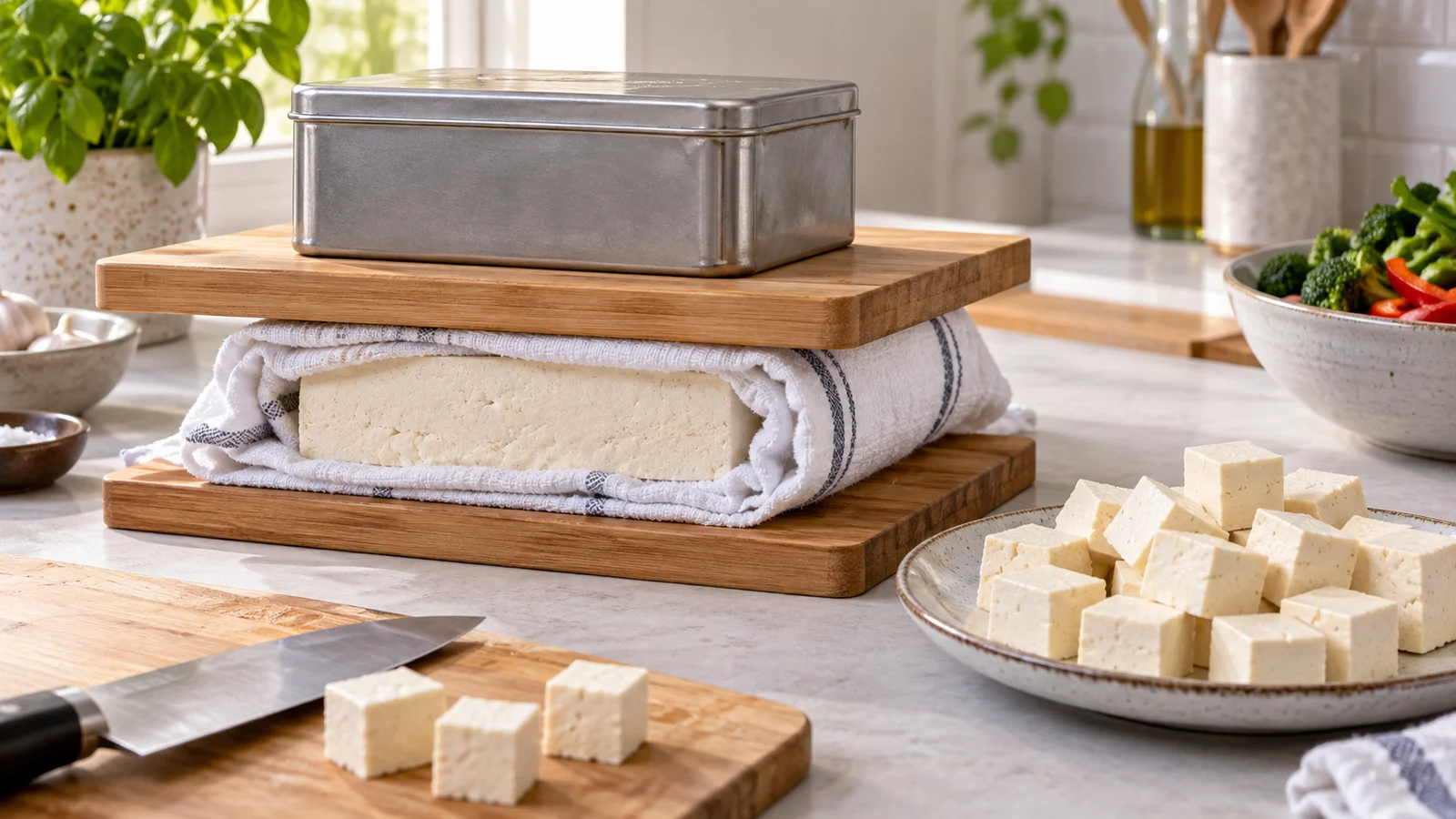 Bloc de tofu ferme pressé doucement entre deux assiettes avec un torchon propre