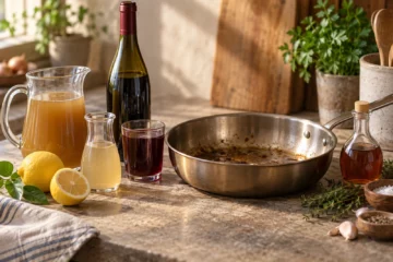 Bouillon, citron, jus et vinaigre disposés près d'une poêle pour remplacer le vin