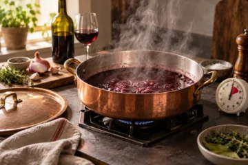 Vin en ébullition dans une casserole large avec couvercle écarté et minuteur