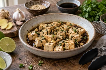 Cubes de tofu dans une marinade équilibrée avec sauce soja, citron, ail et sésame