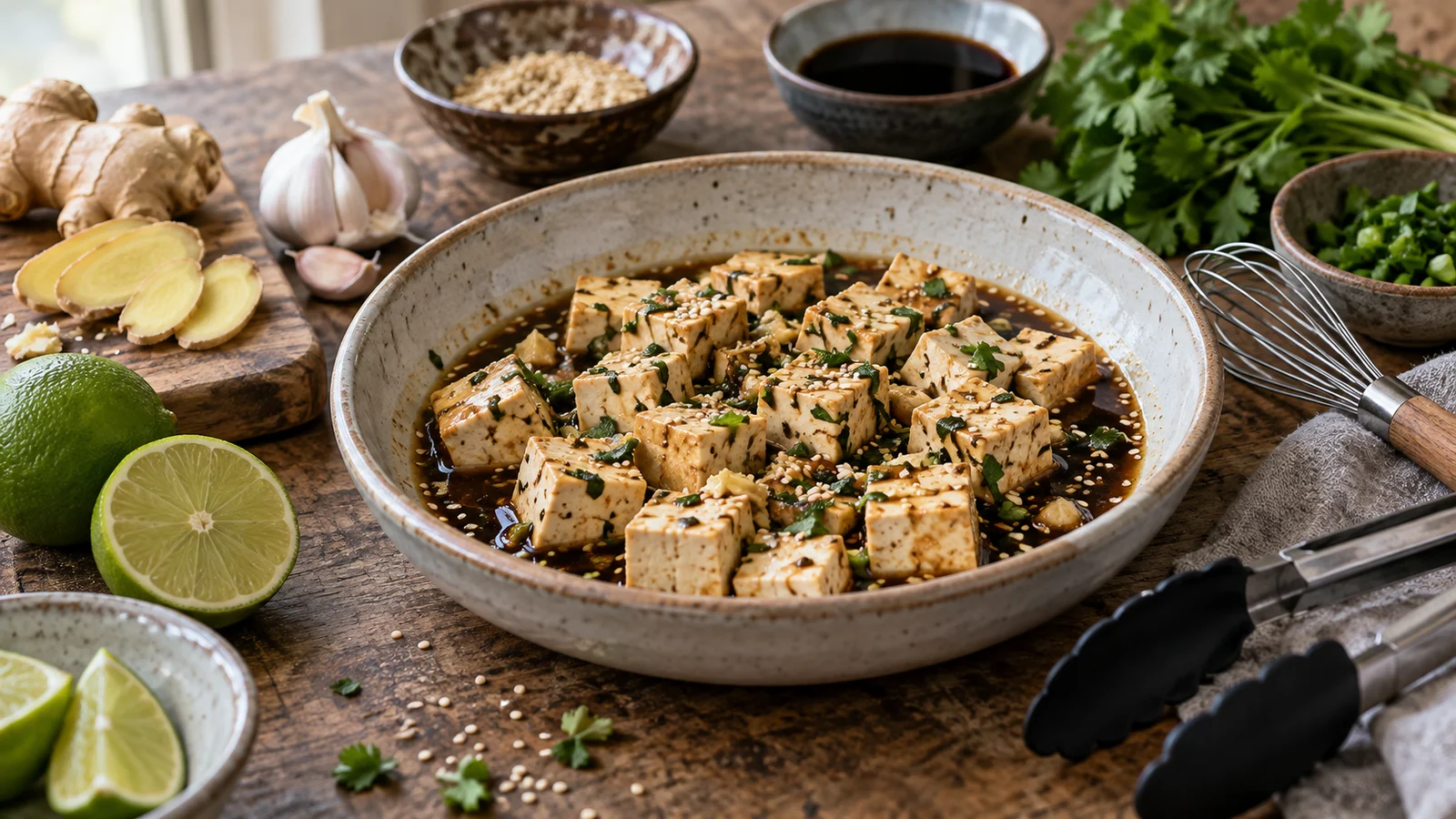 Cubes de tofu dans une marinade équilibrée avec sauce soja, citron, ail et sésame
