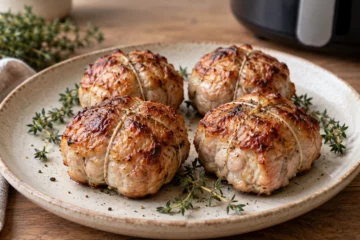 Quatre paupiettes de porc dorées et ficelées, servies simplement avec du thym