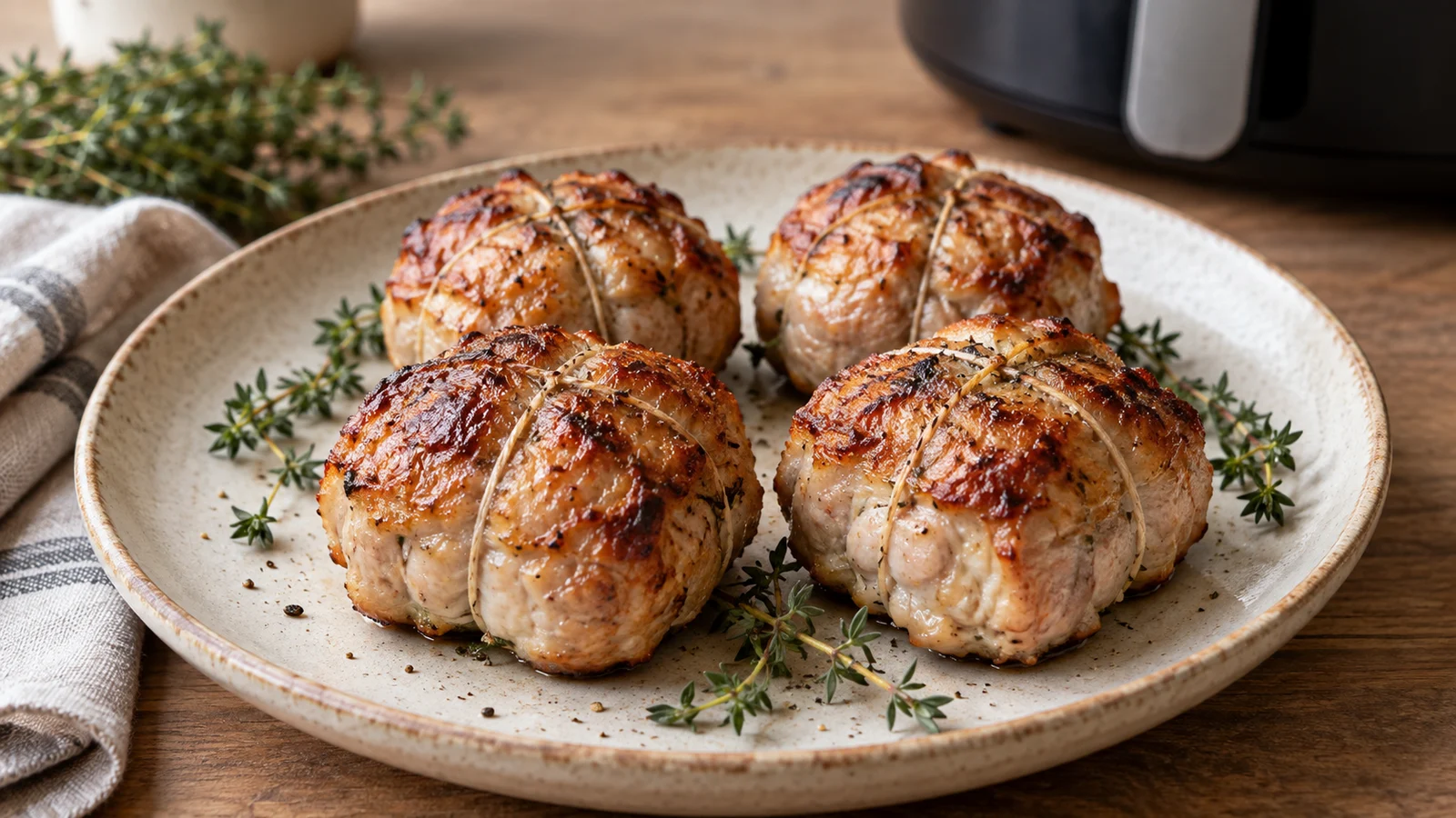 Quatre paupiettes de porc dorées et ficelées, servies simplement avec du thym