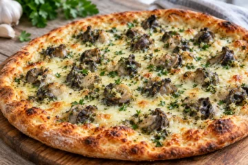 Pizza fine aux escargots, mozzarella, beurre d’ail et persil avec une croûte dorée