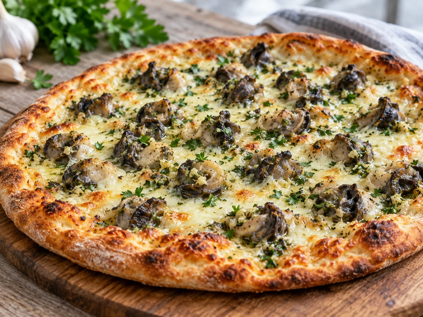 Pizza fine aux escargots, mozzarella, beurre d’ail et persil avec une croûte dorée