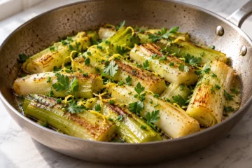 Tronçons de poireaux fondants et légèrement dorés avec zeste de citron et herbes fraîches