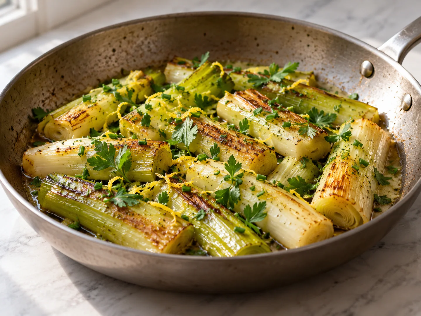 Tronçons de poireaux fondants et légèrement dorés avec zeste de citron et herbes fraîches