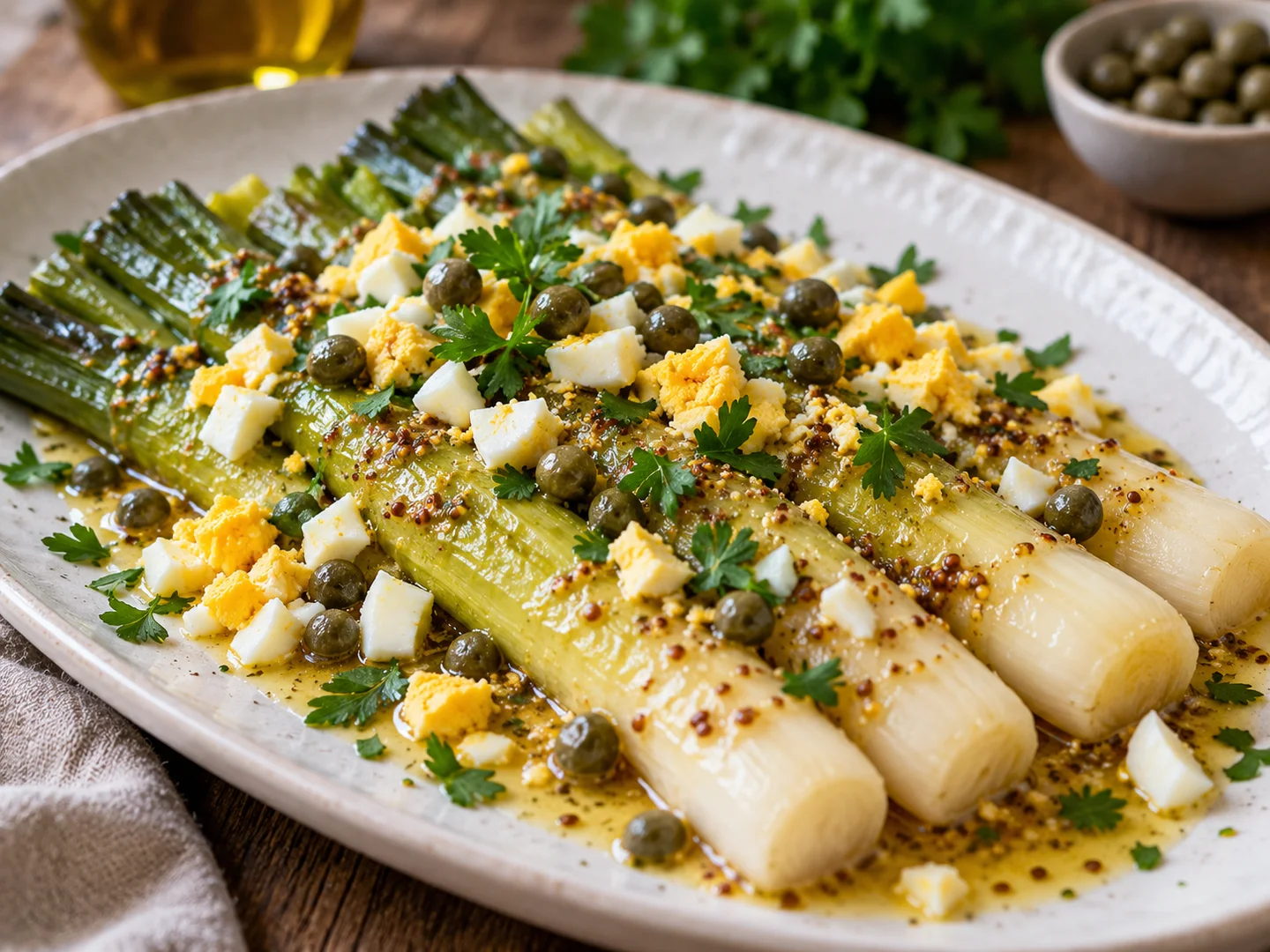 Poireaux vinaigrette avec Å“uf et cÃ¢pres