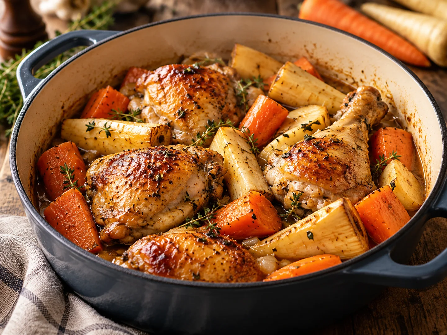 Poulet en cocotte avec panais et carottes