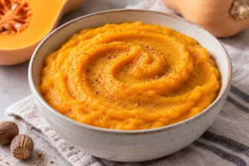 Purée de courge orange, épaisse et lisse, servie avec une trace de cuillère