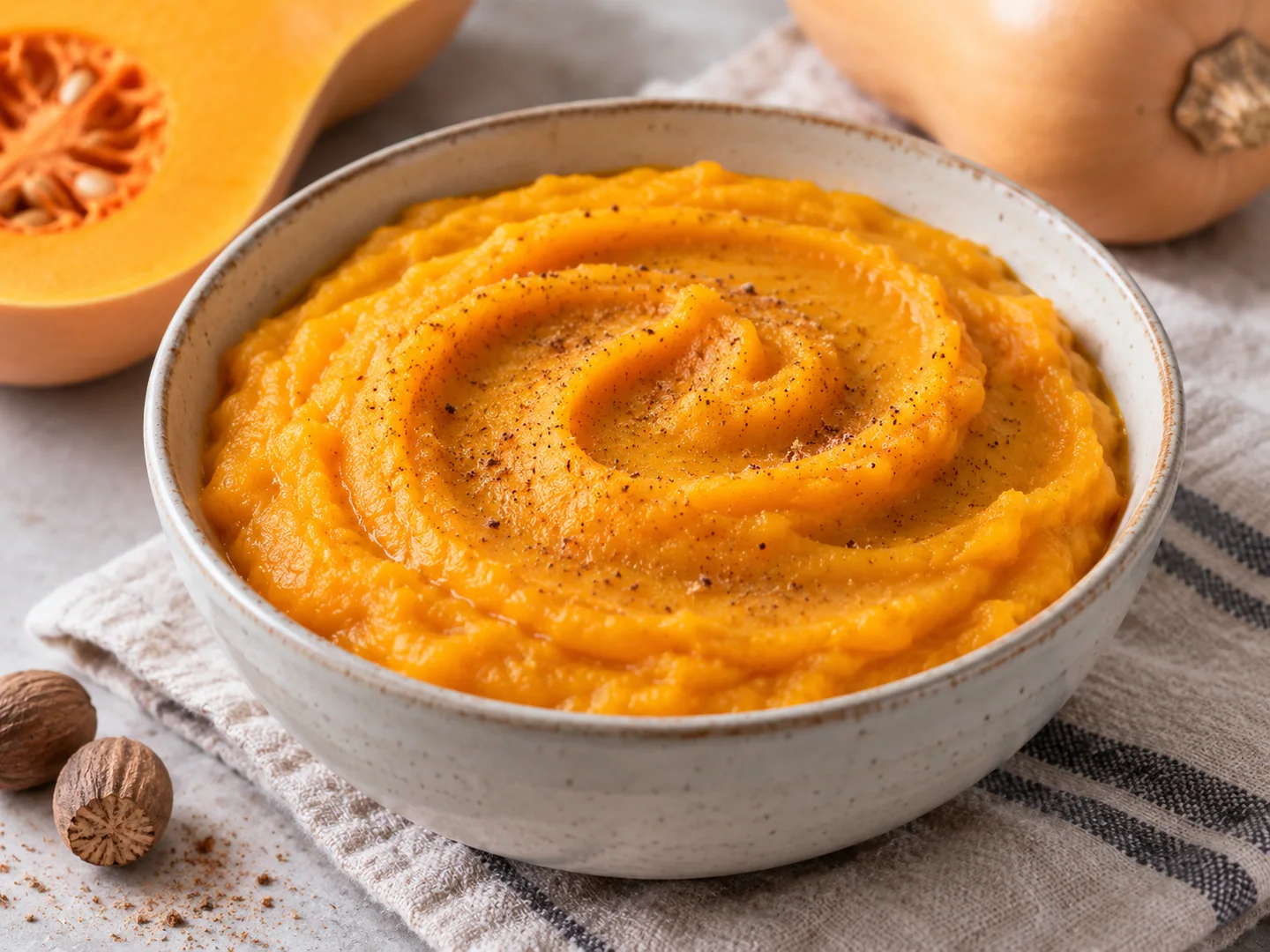 Purée de courge orange, épaisse et lisse, servie avec une trace de cuillère