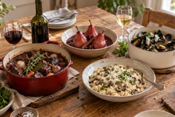Mijoté au vin rouge, poires pochées, risotto aux champignons et moules au vin blanc sur une table