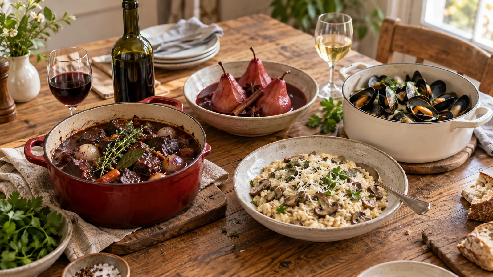 Mijoté au vin rouge, poires pochées, risotto aux champignons et moules au vin blanc sur une table