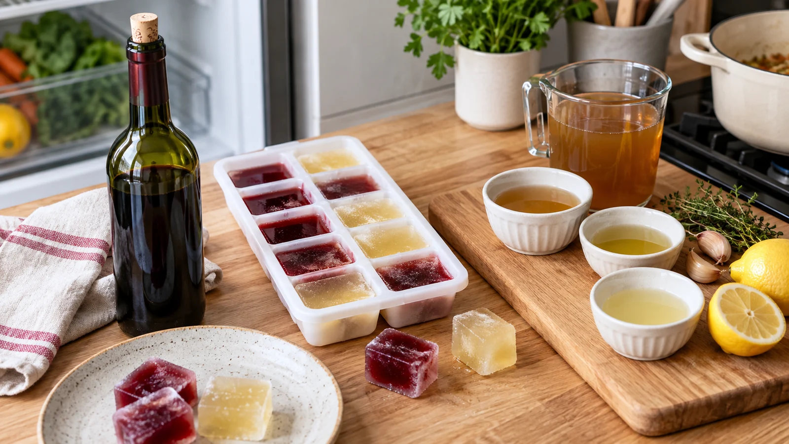 Bouteille de vin, portions congelées, bouillon, verjus et citron préparés sur un plan de travail