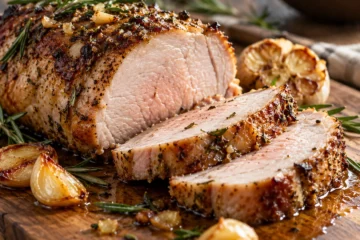 Tranches de rÃ´ti de porc avec ail rÃ´ti et romarin