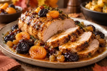 RÃ´ti de porc aux abricots, pruneaux et raisins secs