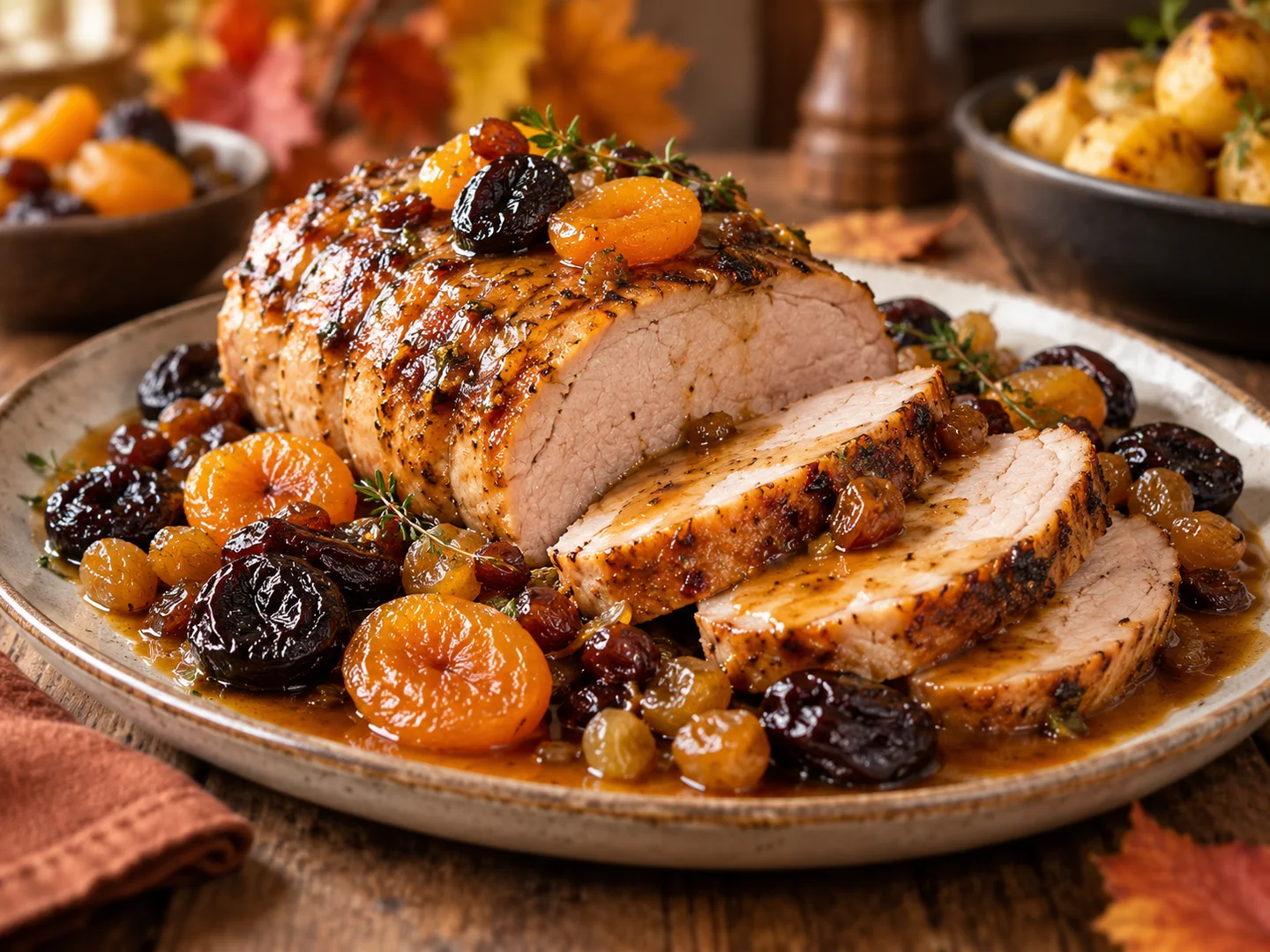 RÃ´ti de porc aux abricots, pruneaux et raisins secs