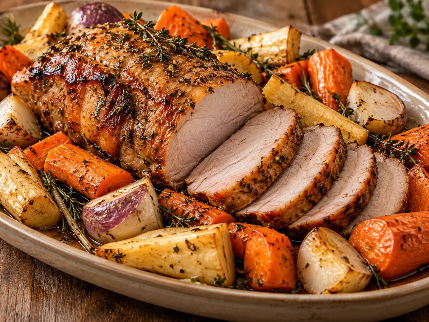 RÃ´ti de porc avec carottes panais et navets rÃ´tis