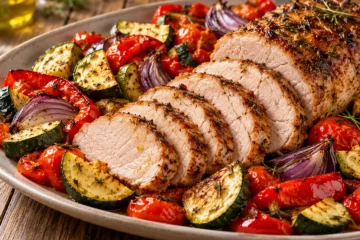 RÃ´ti de porc avec courgettes poivrons oignons et tomates rÃ´tis
