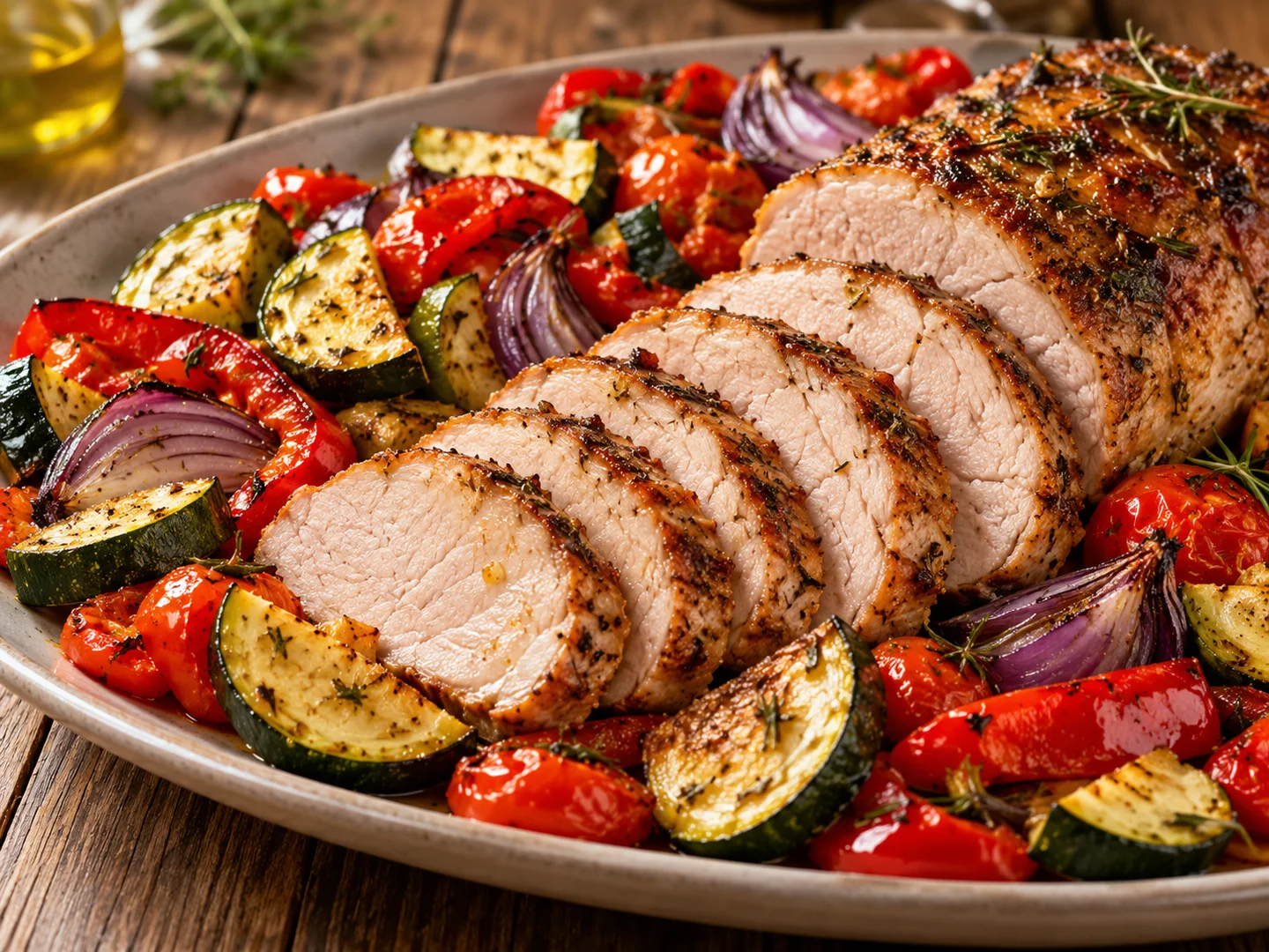 RÃ´ti de porc avec courgettes poivrons oignons et tomates rÃ´tis