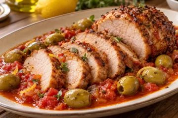 RÃ´ti de porc tranchÃ© dans une sauce tomate aux olives
