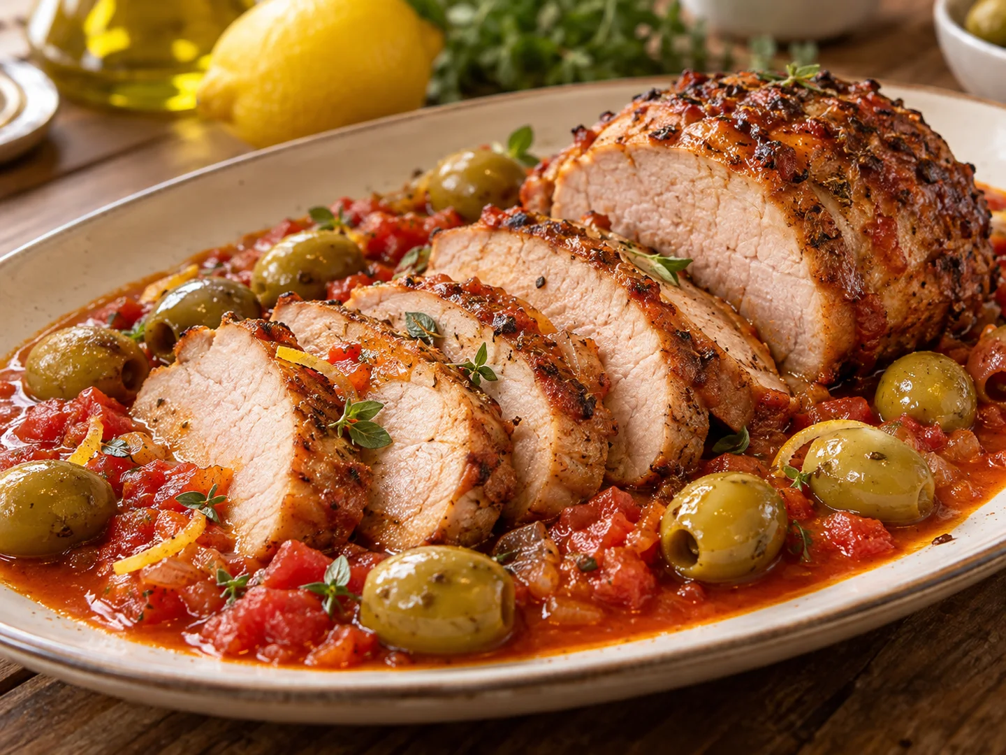 RÃ´ti de porc tranchÃ© dans une sauce tomate aux olives