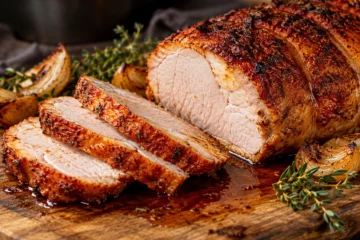 RÃ´ti de porc tranchÃ© avec croÃ»te rouge au paprika fumÃ©