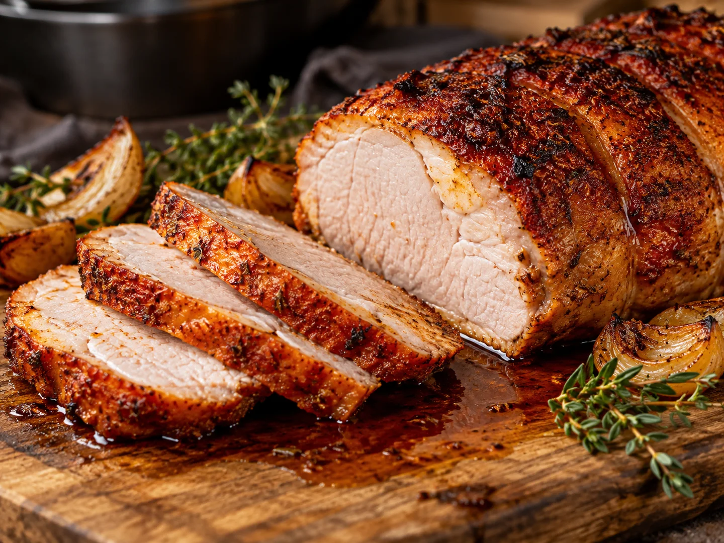 RÃ´ti de porc tranchÃ© avec croÃ»te rouge au paprika fumÃ©