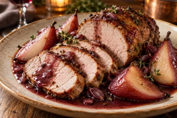 RÃ´ti de porc aux poires et sauce au vin rouge
