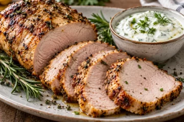 RÃ´ti de porc tranchÃ© avec sauce au yaourt et herbes