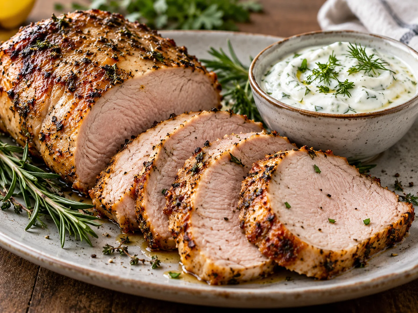 RÃ´ti de porc tranchÃ© avec sauce au yaourt et herbes