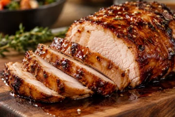 RÃ´ti de porc tranchÃ© avec laque soja miel brillante
