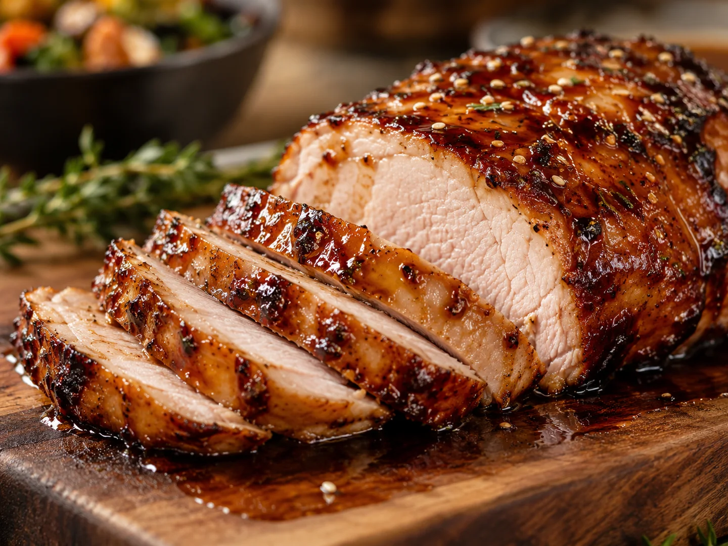 RÃ´ti de porc tranchÃ© avec laque soja miel brillante
