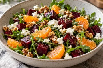 Salade de betterave avec quartiers de clémentine, feta, roquette et noix grillées